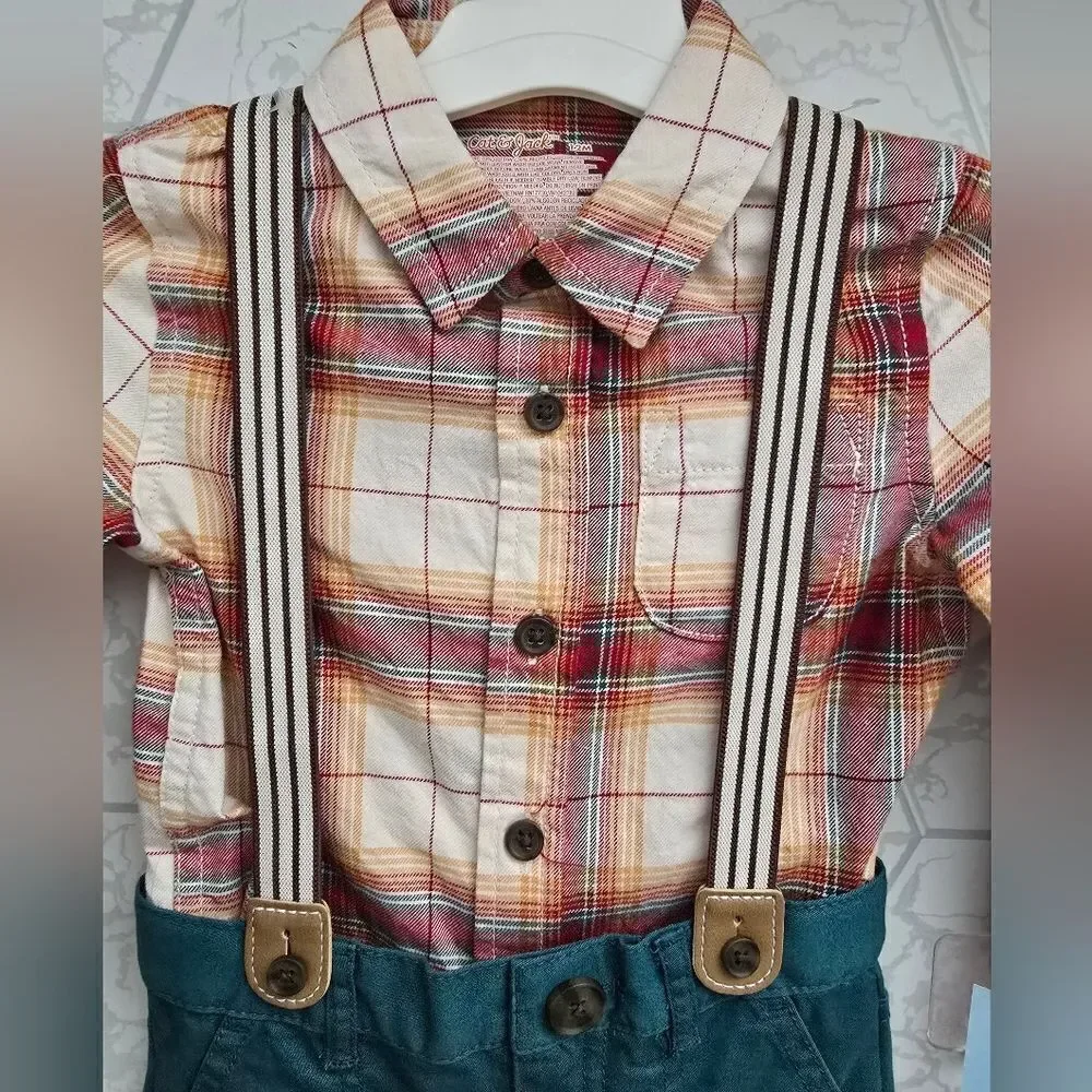Cat & Jack Toddler Boys' Plaid Button-Down Shirt and Suspender Pants 3pc set